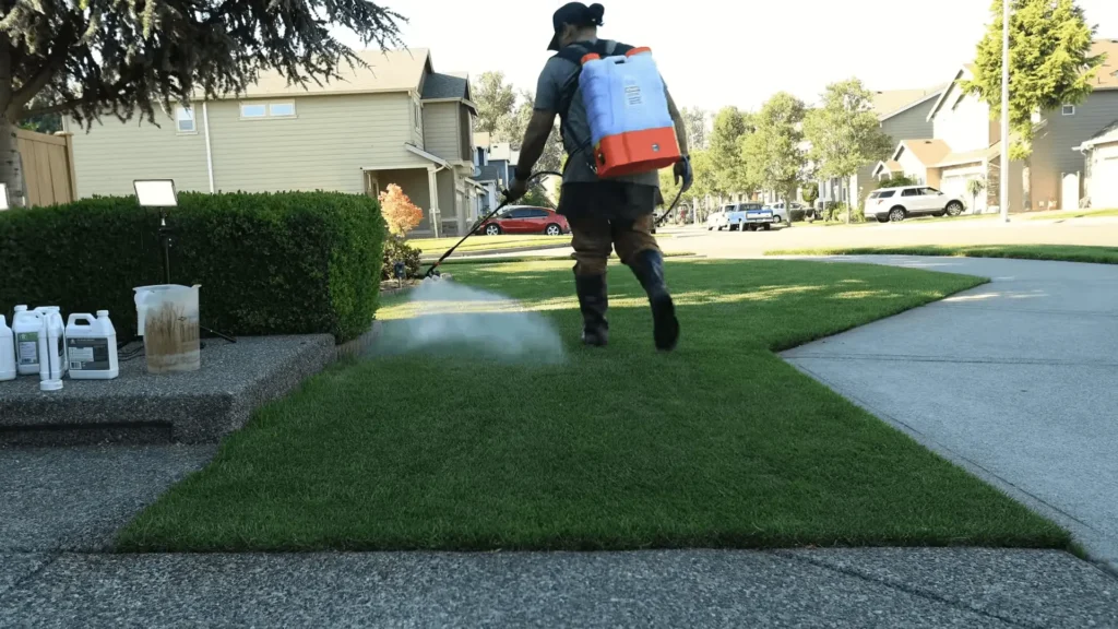 man spraying liquid fertilizer on lawn