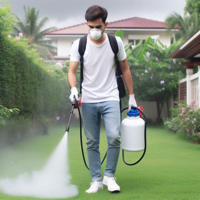 man spraying lawn fungicides