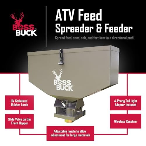 Boss Buck ATV Seeder/Spreader w/Wireless Control & Adjustable Flow, 80 lb Capacity - Lawn, Garden & Farming Equipment w/ 2-inch Receiver Hitch, Spreads Feed, Seed, Salt & Fertilizer