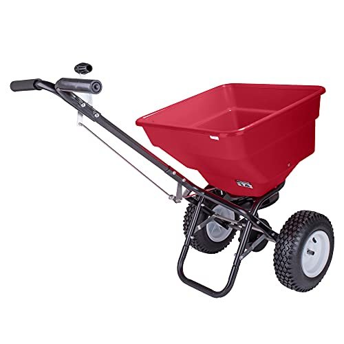 EarthWay Products 2170 100lb Broadcast Spreader Lawn Aerator, Fertilizer Spreader, Grass Seeder, Heavy-Duty Push Spreader with Adjustable Drop Rate, 13-Inch Pneumatic Tires, Side Spread Control, Red