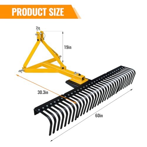 Migoda 60 Inch 3 Point Landscape Rake with Heavy Duty Tines and Pin Hitch Perfect for Category 1 Tractor, Lawn Tractor Rake Ideal for Lawn Care and Landscaping