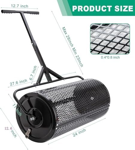 Raxjult Compost Spreader 24 Inch Roller Lawn Spreader with T Shaped Handle for Planting Seeding Durable Metal Mesh Spreader for Lawn and Garden Care Manure Spreaders Roller Patented