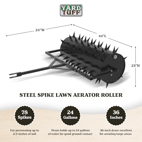 Yard Tuff Drum 36 Inch Wide Behind Lawn Mower ATV Yard Grass Aerator Roller with 78 Steel Spikes and 24 Gallon Water Holder for Gardening