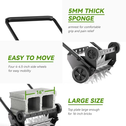18-Inch Lawn Aerator,Heavy Duty Push Spike Aerator with 4 Wheels,Aerator Lawn Tool with Steel Handle, Manual Aerator Lawn Tool with Foam Armrests, Suitable for Lawn, Garden and Yard
