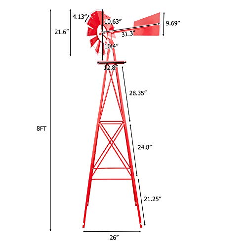 WISLAS Garden Windmill for Yard Decor, 8 ft Tall Metal Windmill with Spinning Blades, Weather-Resistant Outdoor Windmill for Lawn, Farmhouse, Rustic & Farm Decor, Red