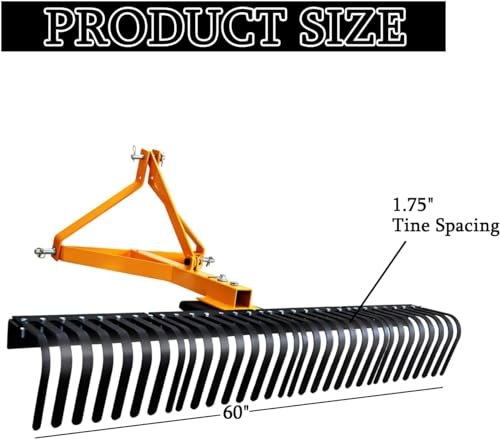 Landscape Rake for Tractor Attached by 3 Points for Beautifying Landscape,Leveling Lawn and Gardening with Hard Rake Body and 60 Inches Wide Coverage for Work