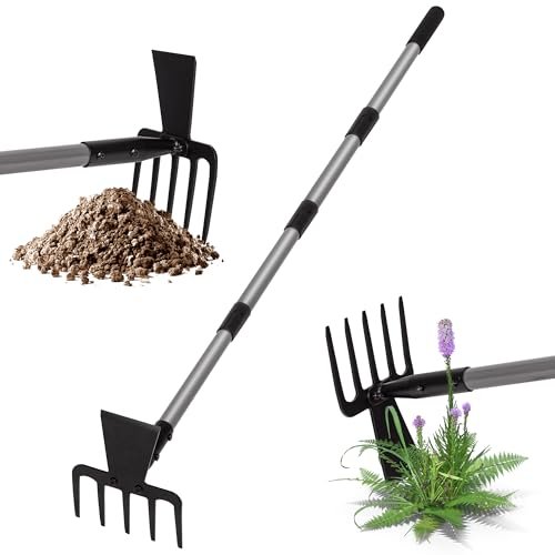 Walensee Hoe Garden Tool, 63 Inch Garden Hoe with Adjustable Long Handle for Weeding, 5-Tines Hoe Cultivator 2 in 1 Hand Garde Tools for Yard Lawn Planting Gardening Digging