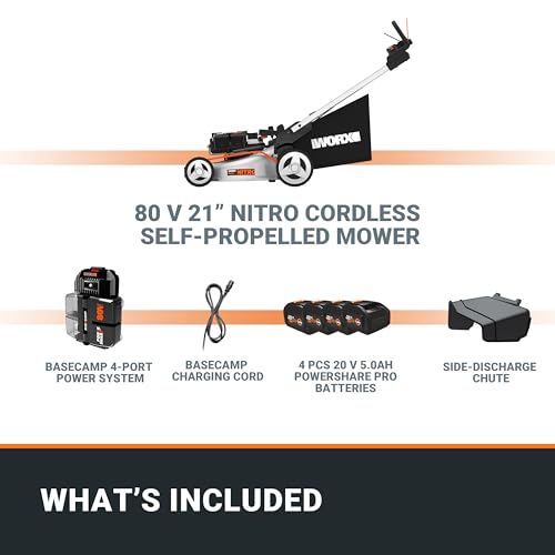 Worx Nitro 80V Cordless Lawn Mower, Electric Mower with Brushless Motor, 3-in-1 Self-Propelled Lawn Mower WG761-4 Batteries & Basecamp Charger Included