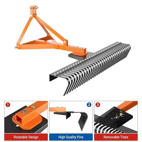 GarveeTech 5 Ft Landscape Rock Rake, 3 Point Tractor Rake with 2