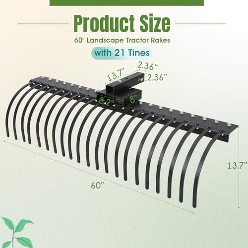 PULLAFUN 60 Inch Landscape Rock Rake,3 Point Attach Rake Fit for 2 Inch Receiver with 360 Degree Rotation,Tow-Behind Garden Tool for Compact Tractors, Category 1, Black