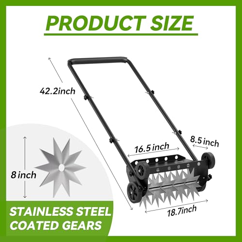 18-Inch Lawn Aerator,Heavy Duty Push Spike Aerator with 4 Wheels,Aerator Lawn Tool with Steel Handle, Manual Aerator Lawn Tool with Foam Armrests, Suitable for Lawn, Garden and Yard
