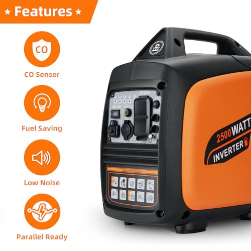 Portable Inverter Generator 2500W Gas Powered, Long Runtime Gas Generators for Home Use, Camping, Super Quiet Emergency Home Backup, with CO Sensor, EPA Compliant