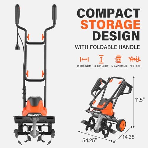 MAXLANDER Electric Tiller Cultivator, 14 Inch 12 Amp Corded Tiller for Gardening with Foldable Handle, 4 Steel Tines, Garden Rototiller with Wheels for Lawn Yard Soil Cultivation