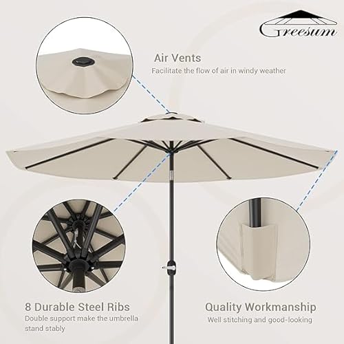 Greesum 9FT Patio Umbrella with Push Button Tilt and Crank, Outdoor Table Umbrella with 8 Sturdy Ribs, Market Table Parasol for Garden, Lawn, Backyard & Pool, Without Base, Beige
