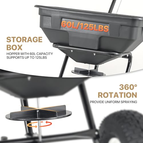 MoNiBloom 125 lb Walk-Behind Push Broadcast Spreader for Fertilizer, Grass Seed, Salt & Ice Melt, Heavy Duty Lawn, Garden & Farm Seeder with Rain Cover, Easy to Use for Yards, Fields & Uneven Terrain