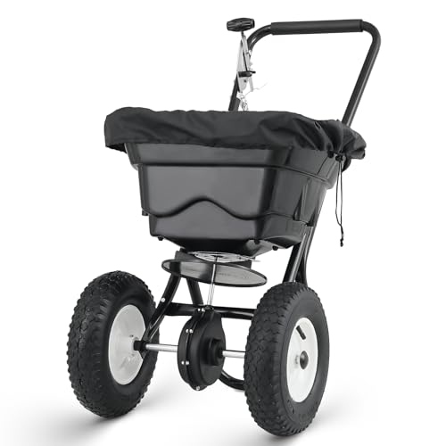 MoNiBloom 80 lb Walk-Behind Broadcast Spreader for Fertilizer, Grass Seed, Salt & Ice Melt, Heavy Duty Lawn, Garden & Farm Seeder with Rain Cover, Durable Design for Yards, Fields & Uneven Terrain