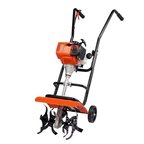 VEVOR Tiller Cultivator, 31CC 4-Stroke Garden Cultivator, Tiller with 4 Steel Adjustable Front Tines for Lawn, Garden and Field Soil Cultivation, Orange
