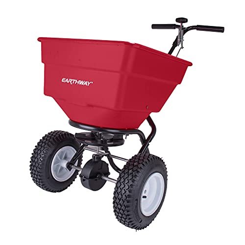 EarthWay Products 2170 100lb Broadcast Spreader Lawn Aerator, Fertilizer Spreader, Grass Seeder, Heavy-Duty Push Spreader with Adjustable Drop Rate, 13-Inch Pneumatic Tires, Side Spread Control, Red