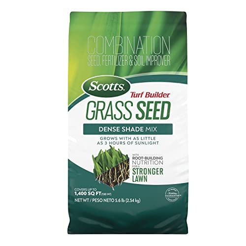 Scotts Turf Builder Grass Seed Dense Shade Mix with Fertilizer and Soil Improver, Grows With Little Sunlight, 5.6 lbs.