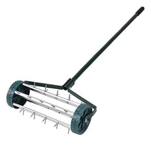 Goplus Rolling Lawn Aerator, 18-Inch Garden Yard Rotary Push Tine Heavy Duty Spike Soil Aeration, Manual Lawn Aeration Tool w/ 41-Inch Handle (Silver)