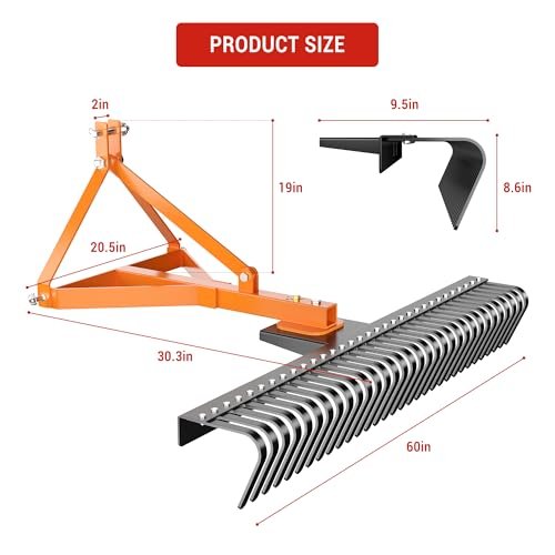 GarveeTech 5 Ft Landscape Rock Rake, 3 Point Tractor Rake with 2