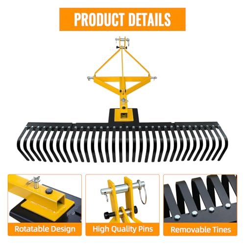 Migoda 60 Inch 3 Point Landscape Rake with Heavy Duty Tines and Pin Hitch Perfect for Category 1 Tractor, Lawn Tractor Rake Ideal for Lawn Care and Landscaping