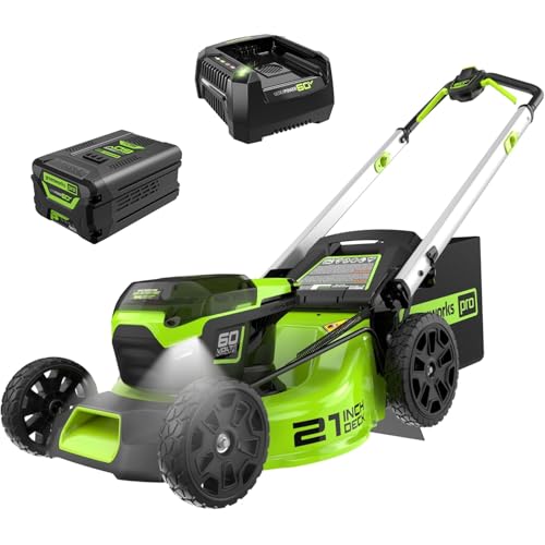 Greenworks 60V 21” Cordless (Push) Lawn Mower (LED Lights + Aluminum Handles), 5.0Ah Battery and Rapid Charger