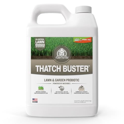 Turf Titan Thatch Buster All-Natural Lawn Aerator & Grass Dethatcher - Liquid Soil Loosener & Conditioner for Green Grass (1 Gallon), Healthy Soil in 45 Days - Enhance 1,000 Sq Ft with 4 oz
