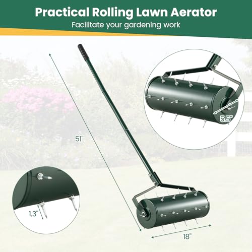 CHEFJOY Rolling Lawn Aerator, 18” Manual Aerator Tool, Fillable with Sand/Rocks, Heavy-Duty Push Grass Aerator with Handle, Soil Penetration Spikes, Lawn Care Tool for Yard, Garden (Green)