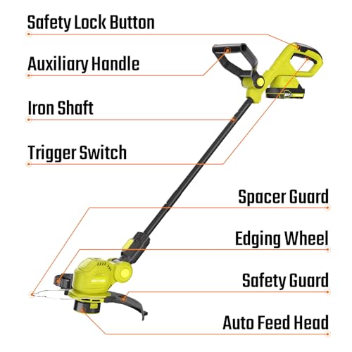 SEYVUM 12-inch String Trimmer, 20V Cordless Weed Trimmer with Auto Line Feed, 2 X 2.0Ah Battery Powered Lawn Edger with 8 Pcs Grass Cutter Spool Line, Fast Charger Included