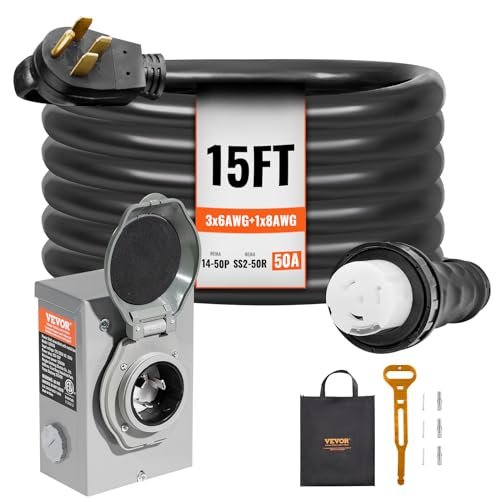 VEVOR 50 Amp Generator Cord and Power Inlet Box Kit, 15FT Generator Extension Cord NEMA 14-50P/SS2-50R STW 6/3+8/1 AWG with Twist Lock Connector, Pre-Drilled Inlet Box, ETL Listed