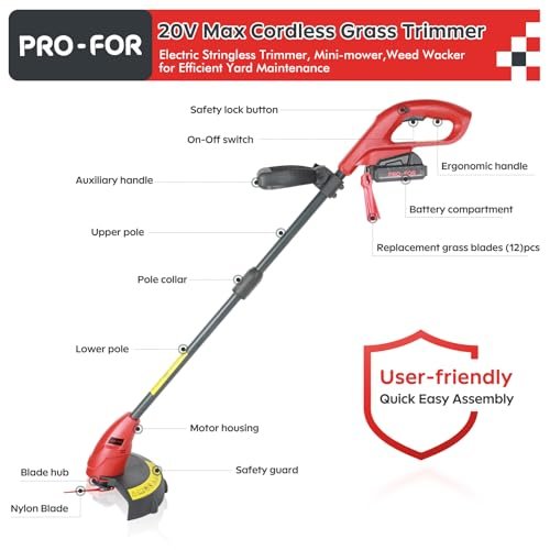 PRO-FOR 20V Max Cordless Grass Trimmer with Nylon Blade, 2-in-1 Stringless Trimmer & Lawn Edger, Lightweight Weed Wacker for Efficient Yard Maintenance