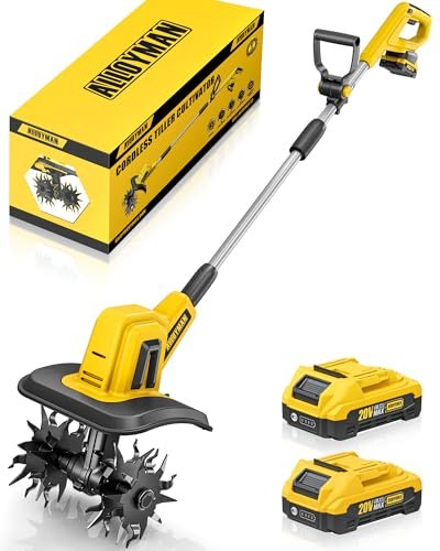 Alloyman 20V Cordless Tiller Cultivator, 360RPM Electric Garden Tiller, with 2 * 2.0Ah Batteries & Charger, 9In Tilling Width and 6.6In Depth Garden Rototiller for Lawn/Gardening/Soil Cultivation