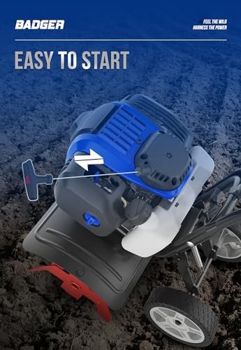 WILD BADGER POWER Garden Tiller 53cc Mini Cultivator 15 inch Powerful Liftable Booster Rod Tilling Tool for Lawn, Garden and Field Soil Cultivation