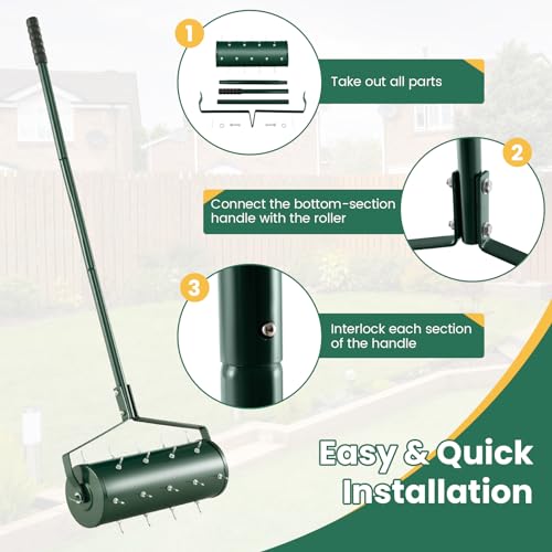CHEFJOY Rolling Lawn Aerator, 18” Manual Aerator Tool, Fillable with Sand/Rocks, Heavy-Duty Push Grass Aerator with Handle, Soil Penetration Spikes, Lawn Care Tool for Yard, Garden (Green)