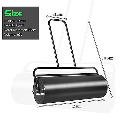 Furniga 17Gallons/63L Lawn Roller, Pull/Tow Behind Yard Roller w/Rounded Drum Ends & U Shaped Handle, Water/Sand Filled Sod Roller for Garden, Yard & Park, Black