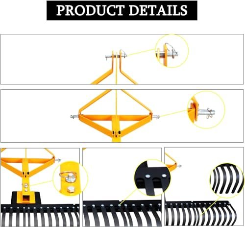 Landscape Rake for Tractor Attached by 3 Points for Beautifying Landscape,Leveling Lawn and Gardening with Hard Rake Body and 60 Inches Wide Coverage for Work