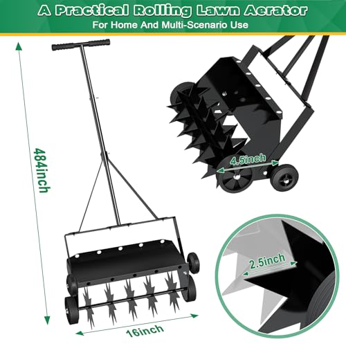 Loninak Updated 18-inch Rolling Lawn Aerator,Heavy Duty Aerator Lawn Soil Penetrator Spikes 47inch Handle,Garden Yard Manual Aerator Lawn Tool,Revives Lawn Health.Max Load 20lb