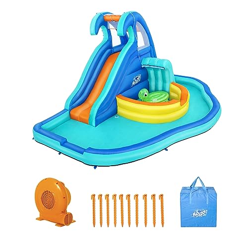 Bestway H2OGO! Wavetastic 16' Kids Inflatable Outdoor Water Park with Turtle Pool Ride-On Float, Water Sprinklers, Slide, and Wave Pool