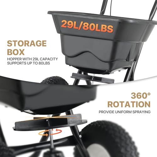 MoNiBloom 80 lb Walk-Behind Broadcast Spreader for Fertilizer, Grass Seed, Salt & Ice Melt, Heavy Duty Lawn, Garden & Farm Seeder with Rain Cover, Durable Design for Yards, Fields & Uneven Terrain