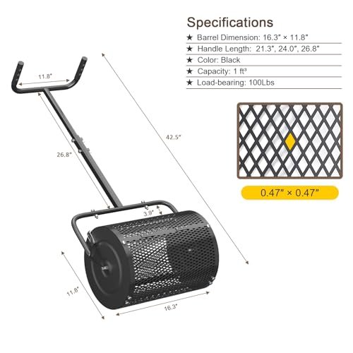 PoPoHoser Compost Spreader, Peat Moss Spreader with Adjustable U-Shaped Handle, 16 inch Heavy Duty Metal Fertilizer Spreader Roller for Lawn Top Soil, Top Dressing, Seedling, Mulch, Manure
