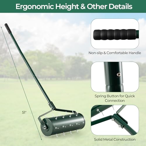 CHEFJOY Rolling Lawn Aerator, 18” Manual Aerator Tool, Fillable with Sand/Rocks, Heavy-Duty Push Grass Aerator with Handle, Soil Penetration Spikes, Lawn Care Tool for Yard, Garden (Green)