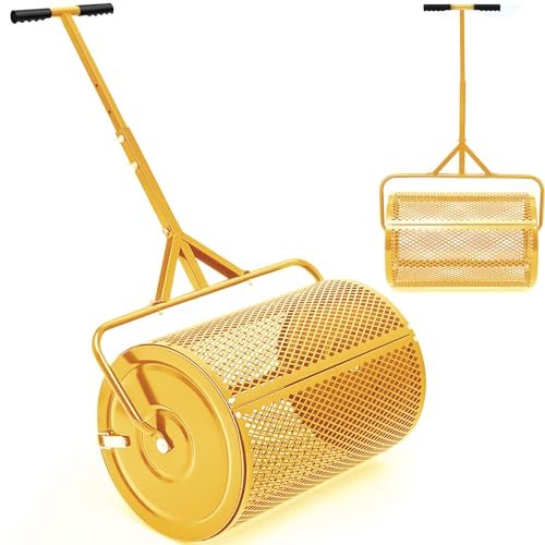 Hiboom 24 Inch Compost Spreader, Peat Moss Spreader, Manure Roller with Adjustable T Shaped Handle, ​Lightweight Metal Mesh for Lawn Garden Spreading Manure Topsoil (Gold)