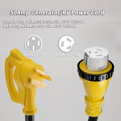 PlugSaf 50 Amp Generator Cord, 25FT 50 Amp RV Extension Cord with Twist Lock, Generator Cable 50A 4 Prong Yellow, NEMA 14-50P/SS2-50R Heavy Duty 6/3+8/1 AWG STW Wire for RV Camper & House