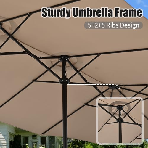 Caprihom 15ft Patio Umbrella with Base Included, Double Sided Outdoor Large Rectangular Patio Umbrella with Crank Handle, for Lawn Garden, Khaki