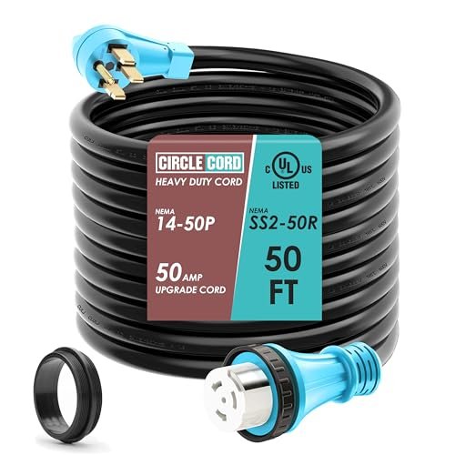 CircleCord UL Listed 50 Amp 50 Feet RV/Generator Cord with Locking Connector, Heavy Duty 6/3+8/1 Gauge STW Wire, 14-50P Male and SS2-50R Twist Locking Female for RV Camper and Generator to House