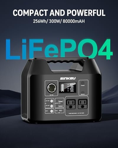 SinKeu Portable Power Station 80000mAh,256Wh LiFePO4 Battery Backup,300W (Peak 600W) AC Outlets, Power Bank for Hurricane Emergency Outdoor Camping RVs Home