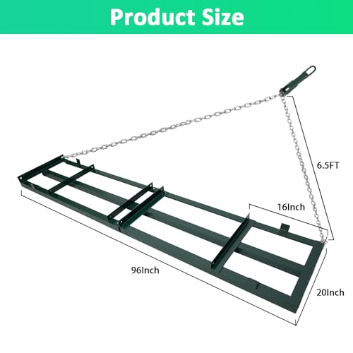 Yeeoy 8 FT Drag Harrow, Driveway Drag Grader Landscape Power Rake, Tow Behind Yard Lawn Leveling Tool with 6 Ft Heavy Duty Chain for ATV, UTV, Tractor, Mower