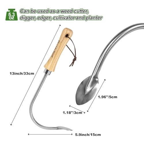 Berry&Bird Weed Puller, Crack Weeder Cultivator Garden Hand Tool, Durable Curved Head Hook & Wooden Handle, Garden Digging, Edging, Planting Remover for Patio Lawn Yard Moss Terrace Paving
