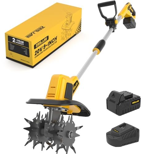 20V Cordless Electric Tiller, 9-Inch Garden Cultivator 360RPM Battery Powered Rototiller Portable Lightweight Efficient Tilling Includes 4.0Ah Battery and Charger
